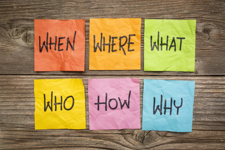 where, when, who, what, why, how questions - uncertainty, brainstorming or decision making concept,...