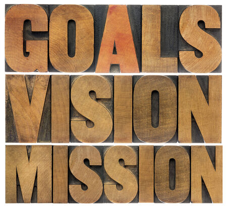 goals, vision and mission - a collage of isolated words in letterpress wood typeの写真素材