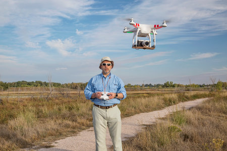 FORT COLLINS, CO, SEPTEMBER 28, 2014:  Photogrpaher, Marek Uliasz, is launching the DJI Phantom 2 quadcopter drone with Panasonic Lumix GM1 camera on board.のeditorial素材