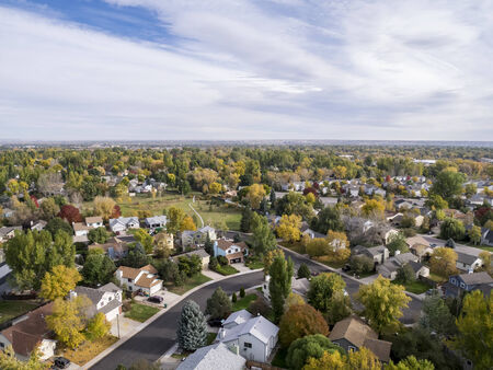 aerial view of Fort Collins residential area, typical along Colorado Front Range, fall colors sceneryの写真素材