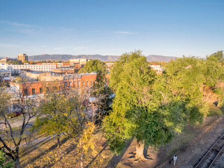 aerial view of Fort Collins downtown in sunrise light, shot from a low flying droneのeditorial素材