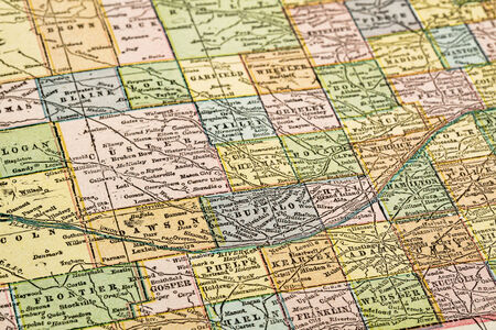central Nebraska with Platte River  on vintage 1920s map, selective focus (printed in 1926 - copyrights expired)の写真素材