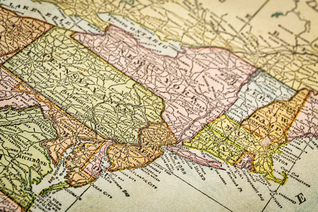 USA east coast with New York City on  a vintage 1920s map, selective focus (printed in 1926 - copyrights expired)の写真素材