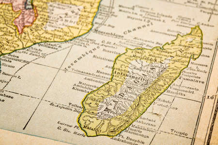 Madagascar and southeaster Africa on vintage 1920s map, selective focus (printed in 1926 - copyrights expired)の写真素材