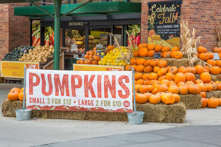 FORT COLLINS, CO, USA - October 9, 2014:  Pumpkins on sale at the entrance to a local Whole Foods Market store specializing in natural and organic foods.のeditorial素材