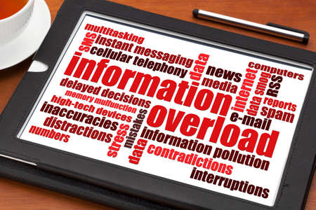 information overload concept - word cloud on a digital tablet with a cup of teaの写真素材
