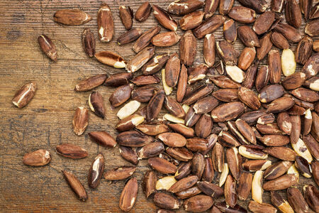 roasted pili nuts, grown in Philippines, against a grunge wood backgroundの写真素材