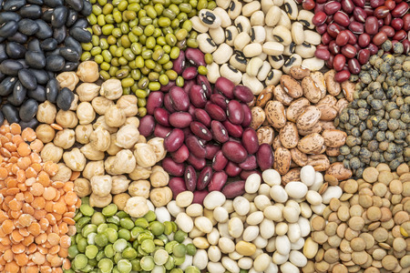 legume abstract - top view of a variety of colorful bean, lentil and pea