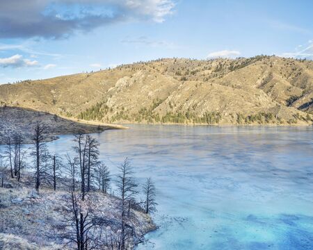 pine trees bunt by wildfire on the shore of frozen Seaman Reservoir in Rocky Mountains near Fort Collins, Coloradoの写真素材