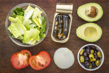 top view of sardine salad ingredients - romaine lettuce, tomato, onion, olives, avocado and canned sardinesの写真素材