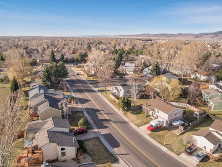 FORT COLLINS, CO, USA - MARCH 16, 2015: Aerial view of typical residential neighborhood along Front Range of Rocky Mountains in Colorado,  early springのeditorial素材