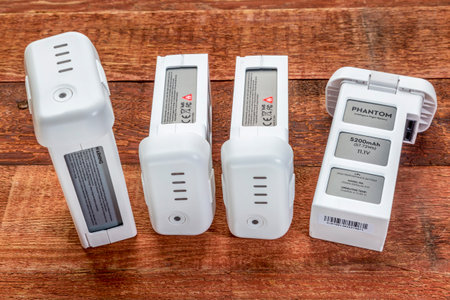 Fort Collins, CO, USA - March 17, 2015:  A set of four high efficient lithium polymer batteries for DJI Phantom quadcotper drone.のeditorial素材