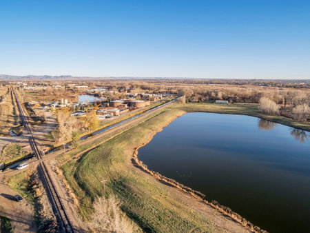 FORT COLLINS, CO, USA - MARCH 28, 2015: Aerial view of Drake Water Reclamation Facility, one of city waste water treatment plants,  and Environmental Learning Centerのeditorial素材