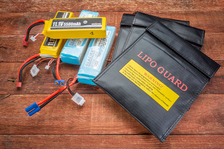 Fort Collins, CO, USA - March 19, 2015:  LiPo (lithium polymer) batteries used in drones and RC...