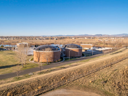 FORT COLLINS, CO, USA - MARCH 28, 2015: Aerial view of biotowers in Drake Water Reclamation Facility, one of city waste water treatment plants,のeditorial素材