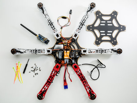 FORT COLLINS, CO, USA, JULY 20,  2015:  Assembling a hexacopter drone (DJI F550 Flame Wheel). all parts are in place except video transmitter and upper cover board.のeditorial素材