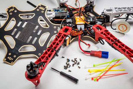 FORT COLLINS, CO, USA, JULY 20,  2015:  Repairing and rebuilding a drone after a crash - a partially disassembled DJI F550 Flame Wheel hexacopter with a  screwdriver and screws in front.のeditorial素材