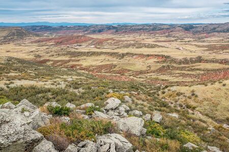 rugged terrain with rocks, cliffs and canyons in Red Mountain Open Space in northern Colorado near Fort Collinsの写真素材