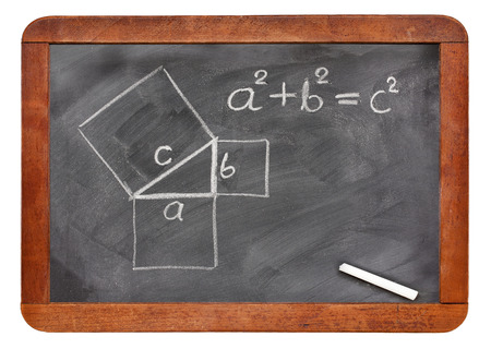 Pythagorean theorem sketched with white chalk on a vintage blackboard isolated on white
