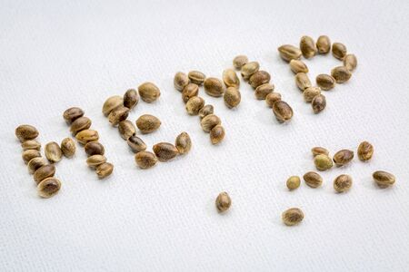 organic dried hemp seeds and word on white art canvasの写真素材