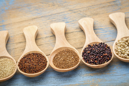 gluten free grains (amaranth,kaniwa,teff, black quinoa, sorghum) on wooden spoonsの写真素材
