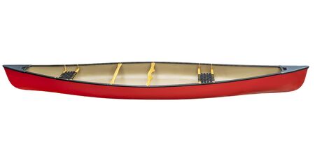 red tandem canoe with wood seats isolated on white with a clipping path, side viewの写真素材