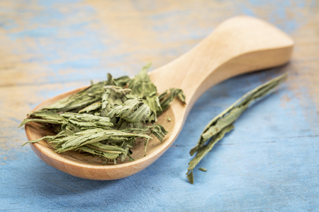 dry stevia leaf on a wooden spoon against blue painted grunge woodの写真素材