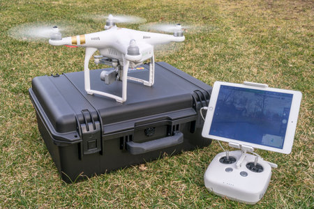 Fort Collins, CO, USA - March 12, 2016:  DJI Phantom 3 quadcopter drone is taking off from a pelican case with radio controler and iPad in foregroundのeditorial素材