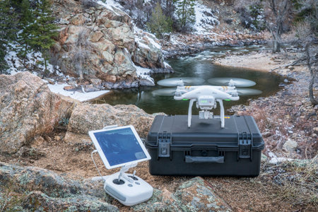 Big Narrows, Poudre Canyon, CO, USA - March 12, 2016:  DJI Phantom 3 quadcopter drone is  ready to...