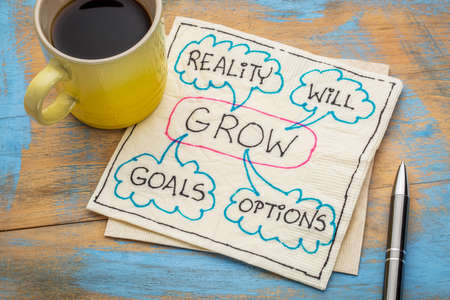 GROW (goals, reality, will and options) acronym - napkin doodle with a cup of coffee