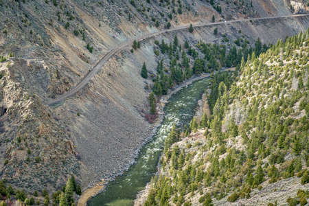 Colorado River and rairoad in Gore Canyon above Pumphouse Recreation Area, Grand County, Coloradoの写真素材