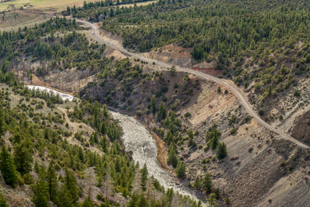 Colorado River and railroad in Gore Canyon above Pumphouse Recreation Area, Grand County, Coloradoの写真素材