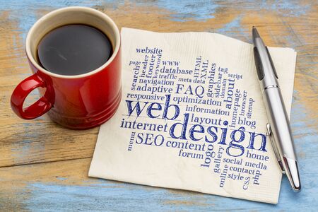 web or website design concept - a word cloud on a  napkin with a cup of coffeeの写真素材