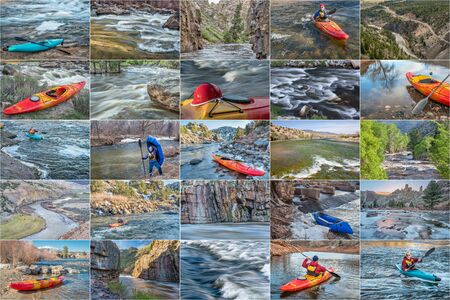 whitewater kayak and packraft  picture collection - paddling on mountain rivers in Colorado featuring the same male paddlerの写真素材