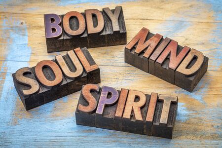 body, mind, soul and spirit word abstract -text in vintage grunge wood letterpress printing blocks against grunge woodの写真素材