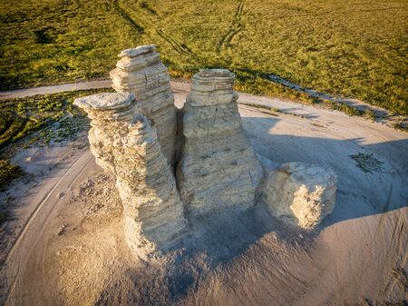 Castle Rock - limestone pillar landmark in prairie of western Kansas near Quinter (Gove County) - aerial viewの写真素材