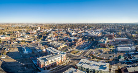 cityscape panorama of Fort Collins downtown, late fall scenery of northern Colorado, aerial viewのeditorial素材