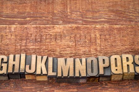 alphabet abstract i- a row of vintage letterpress wood type printing blocks against rustic red painted barn wood with a copy spaceの写真素材