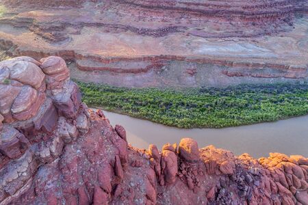 Canyon of Colorado River near Moab, Utah - sunrise aerial viewの写真素材