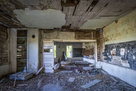 ruined interior of an old abandoned school house in rural Nebraskaの写真素材