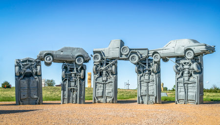 ALLIANCE, NE, USA - MAY 29, 2017:  Carhenge - famous car sculpture  created by Jim Reinders, a modern replica of  England's Stonehenge using old cars.のeditorial素材