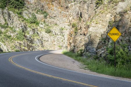 Colorado highway 14 approaching a tunnel in the Poudre Canyon near Fort Collinsの写真素材