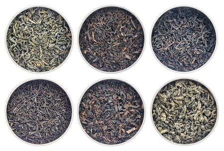 six historical loose leaf black (bohea, oolong, souchong, congou) and green (hyson, singlo) tea collection, the same type thrown over during the Boston Tea Party in 1773.の写真素材