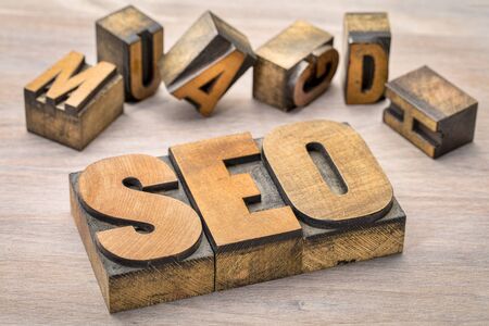 search engine optimization (SEO) - acronym  in vintage letterpress wood type printing blocks on grained wood backgroundの写真素材