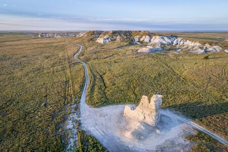 Castle Rock  - limestone pillar landmark in prairie of western Kansas near Quinter (Gove County) , late summer aerial viewの写真素材