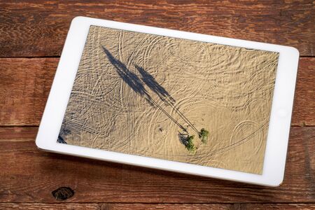 aerial landscape photography concept - reviewing aerial picture of sand dunes with lonely aspen trees on a digital tabletの写真素材