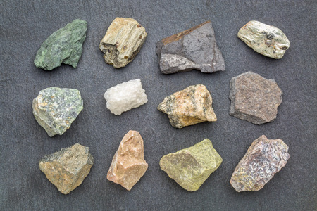 metamorphic  rock geology collection, from top left: chlorite schist, garnet schist, graphite...