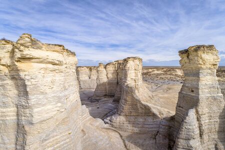 Monument Rocks  (Chalk Pyramids) in western Kansas prairie, aerial viewの写真素材