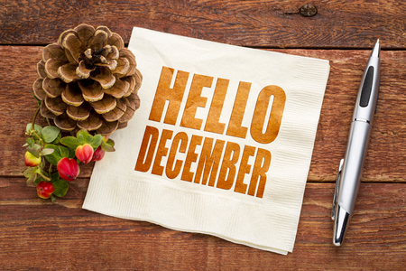 Hello December  -  word abstract on a napkin with with a pine cone against rustic barn woodの写真素材