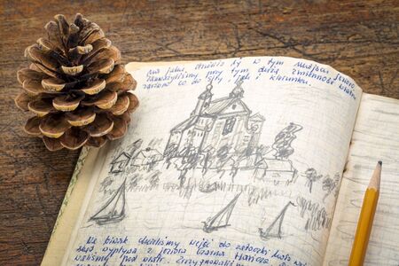 Kayak expedition journal - handwriting and drawing in pencil. Travel log from paddling trip across north eastern Poland written by me, photographer, in August 1974.の写真素材
